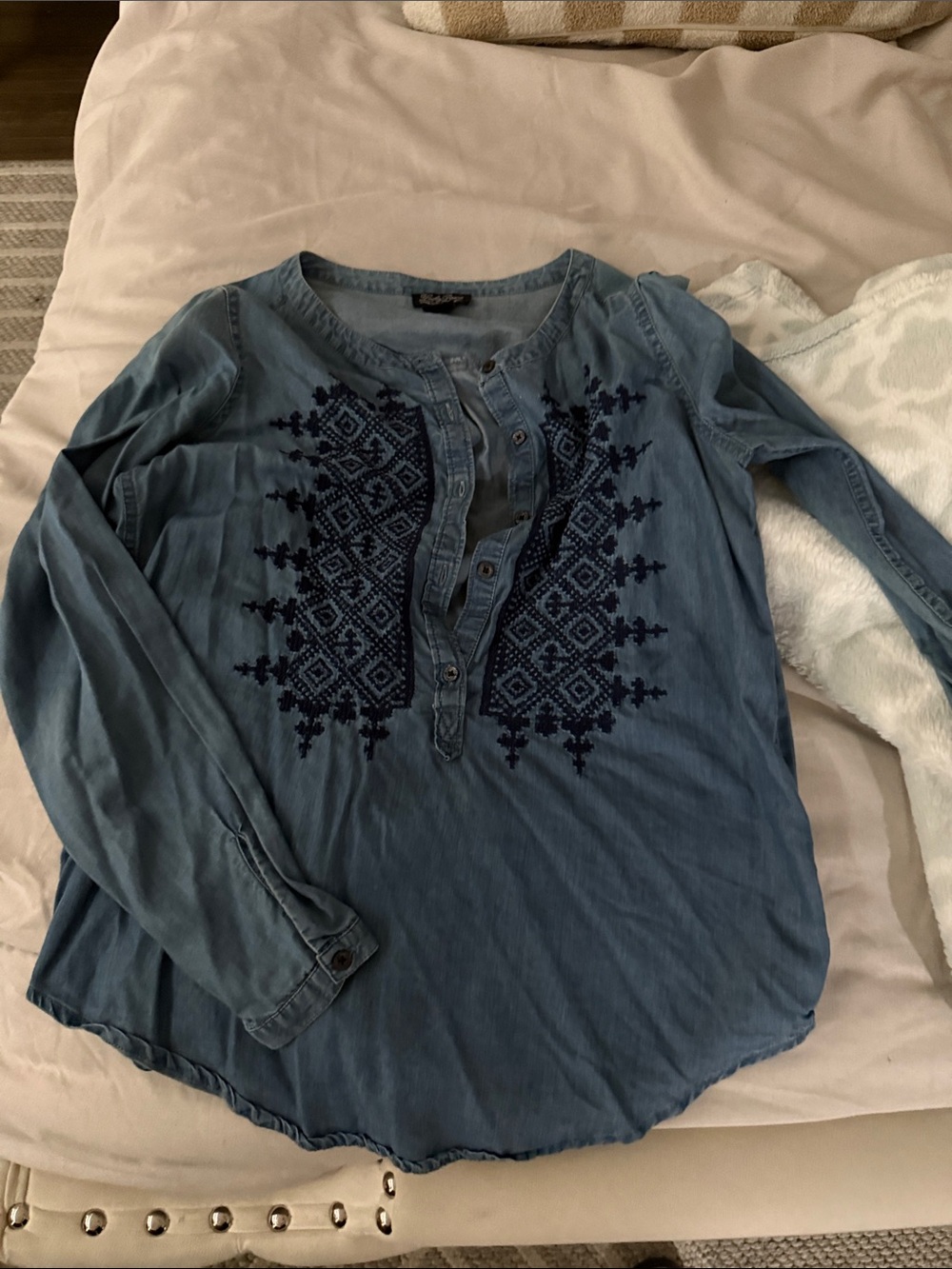 Lucky Brand Chambray Blue Tunic with Navy Embroidery